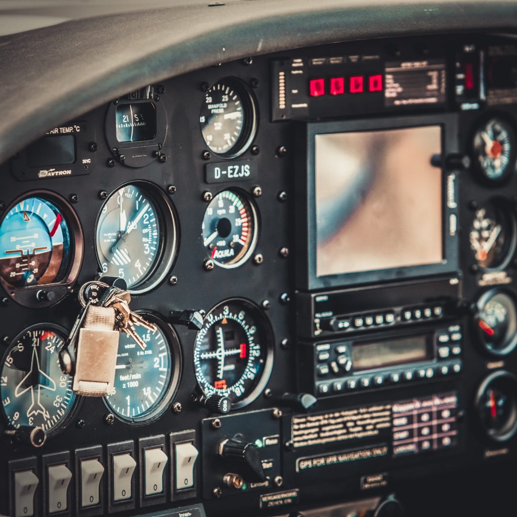 Vintage aircraft cockpit detail. Retro aviation, aircraft instru